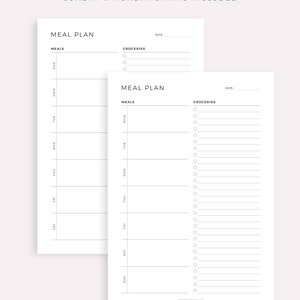 May include: Two printable meal planner pages with a blank weekly meal plan grid and a grocery list section. The text "MEAL PLAN" is at the top of each page. The text "DATE" is at the top right corner of each page. The text "MEALS" is at the top of the meal plan grid. The text "GROCERIES" is at the top of the grocery list section. The text "SUNDAY & MONDAY STARTS INCLUDED" is at the top of the page. The text "VERSION 2" is at the top of the page. The text "MADE BY MYLIFEPLANS ON ETSY" is at the bottom of the page.