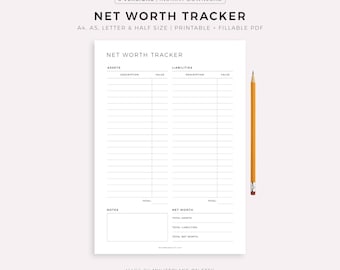 Net Worth Tracker Printable, Asset and Liability Balance Sheet, Financial Position Sheet, A4/A5/Letter/Half Size, Instant Download PDF