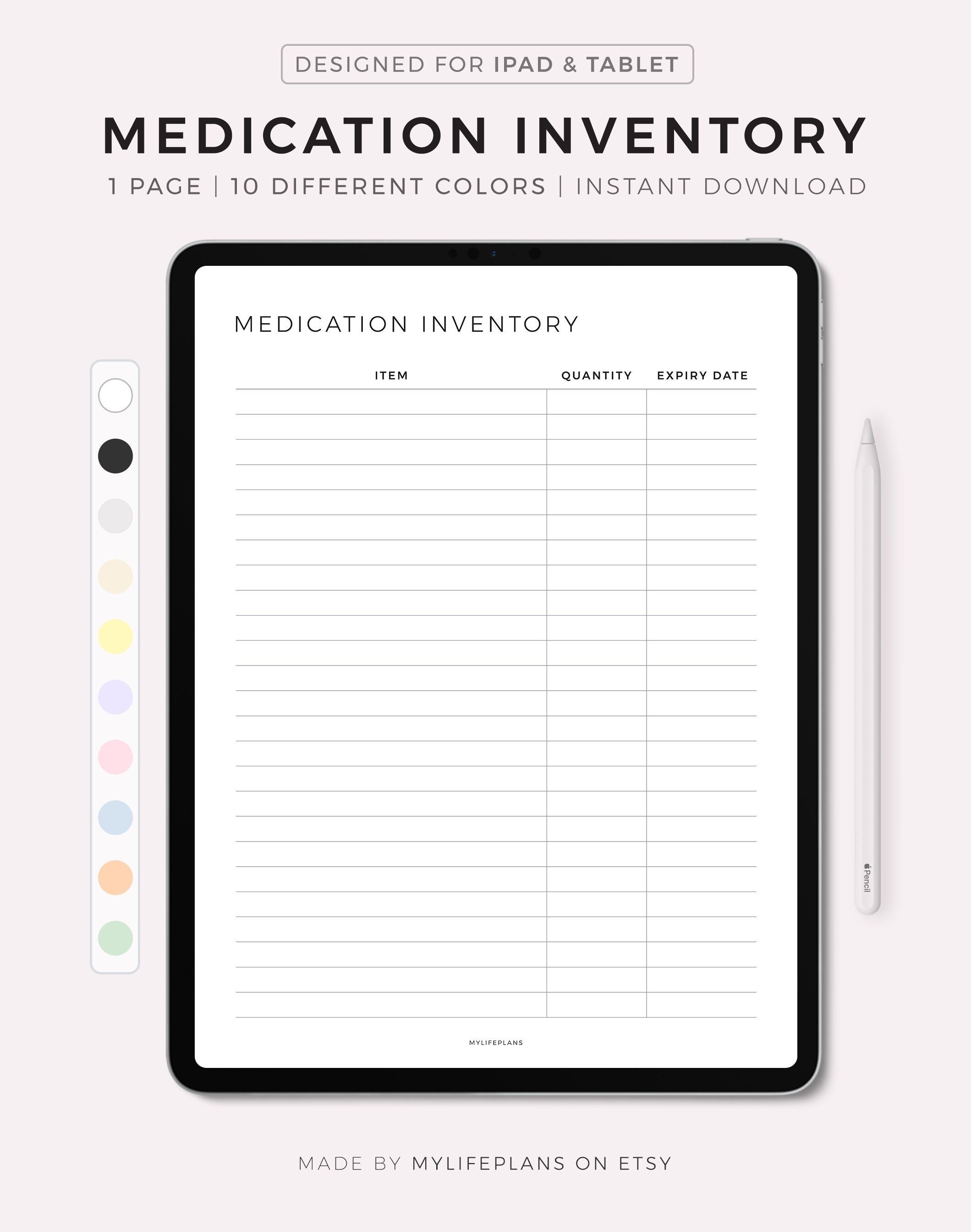 Digital Medication Inventory Template, Compatible with Goodnotes, Notability, Noteshelf, Instant Download