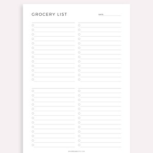 May include: A printable grocery list with two columns for writing down items. The list has a title "Grocery List" and a space for the date. The bottom of the page says "MyLifePlans.Etsy.com" and "Made by MyLifePlans on Etsy".