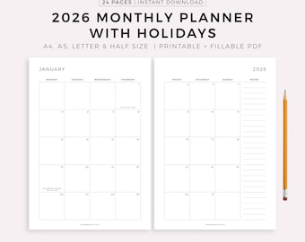 2026 Monthly Planner with Holidays, Dated Month on 2 Pages, Monthly Organizer, Month At a Glance, A4/A5/Letter/Half, Instant Download
