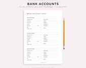 Bank Accounts Tracker Printable Template, Bank Account List, Bank Account Details, A4/A5/Letter/Half Size, Instant Download PDF