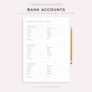 Könnte beinhalten: Ein weißes, druckbares PDF-Dokument mit dem Titel "BANK ACCOUNTS" mit ausfüllbaren Feldern für Bankkontoinformationen. Ein orangefarbener Bleistift liegt auf der rechten Seite des Dokuments. Das Dokument enthält Felder für Kontoname, Typ, Routingnummer und mehr.