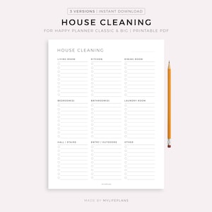 May include: A printable PDF house cleaning checklist for Happy Planner Classic & Big. The checklist includes sections for the living room, kitchen, dining room, bedrooms, bathrooms, laundry room, hall/stairs, entry/outdoors, and other areas. A yellow pencil is on the right.