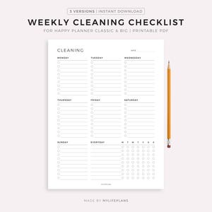 May include: A white printable weekly cleaning checklist with the text "WEEKLY CLEANING CHECKLIST" and "FOR HAPPY PLANNER CLASSIC & BIG | PRINTABLE PDF". The checklist includes sections for each day of the week and a section for everyday tasks. A yellow pencil is on the right.