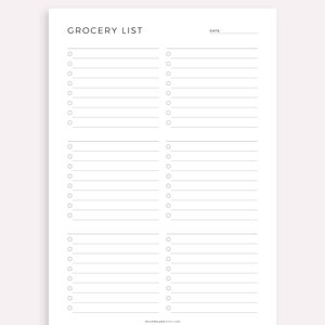 May include: A printable grocery list template with two columns of checkboxes and lines for writing. The text "GROCERY LIST" is at the top of the page, and the text "MYLIFEPALNS.ETSY.COM" is at the bottom of the page.