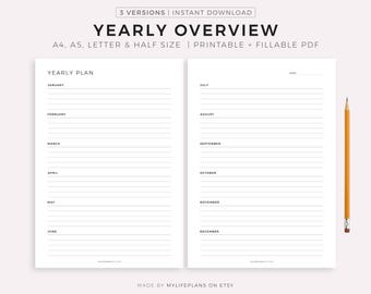 Yearly Overview, Two Page Yearly Planner Printable, Year At a Glance, Minimalist Annual Planner, A4/A5/Letter/Half, Instant Download PDF