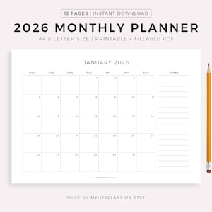 2026 Monthly Planner Landscape, Dated Month on 1 Page, 2026 Calendar, Month At a Glance, A4/Letter, Printable & Fillable, Instant Download