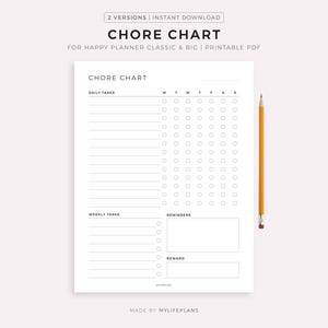 May include: A white printable chore chart with the title "CHORE CHART" and sections for daily and weekly tasks, reminders, and rewards. A yellow pencil is positioned on the right side of the chart.