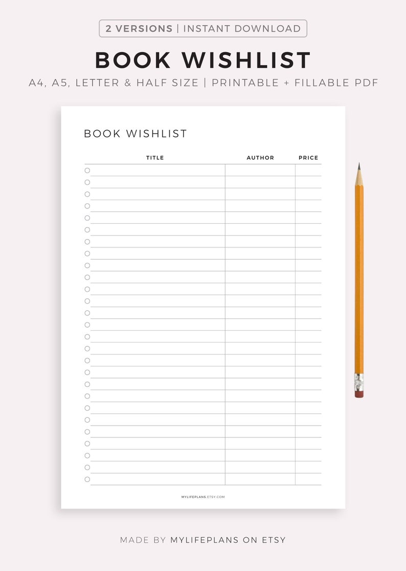 Book Wishlist Printable Template, Book Shopping Wishlist, Gift for Me, Book Lover Wishlist, A4/A5/Letter/Half Size, Instant Download PDF image 1