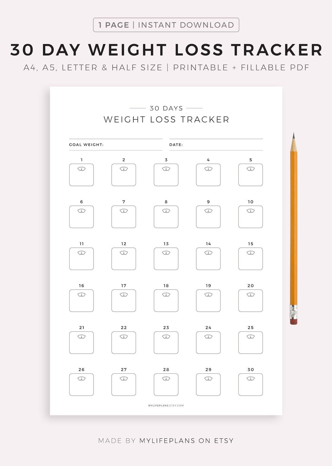 30 Day Weight Loss Tracker Printable, Weight Loss Challenge, Weight