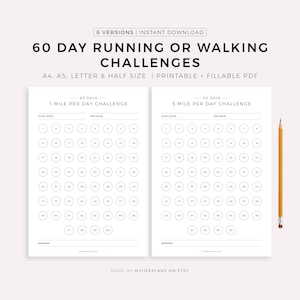 Sfida di corsa o camminata di 60 giorni stampabile, sfida di allenamento quotidiano, obiettivi di salute e fitness, formato A4/A5/Lettera/Mezzo formato