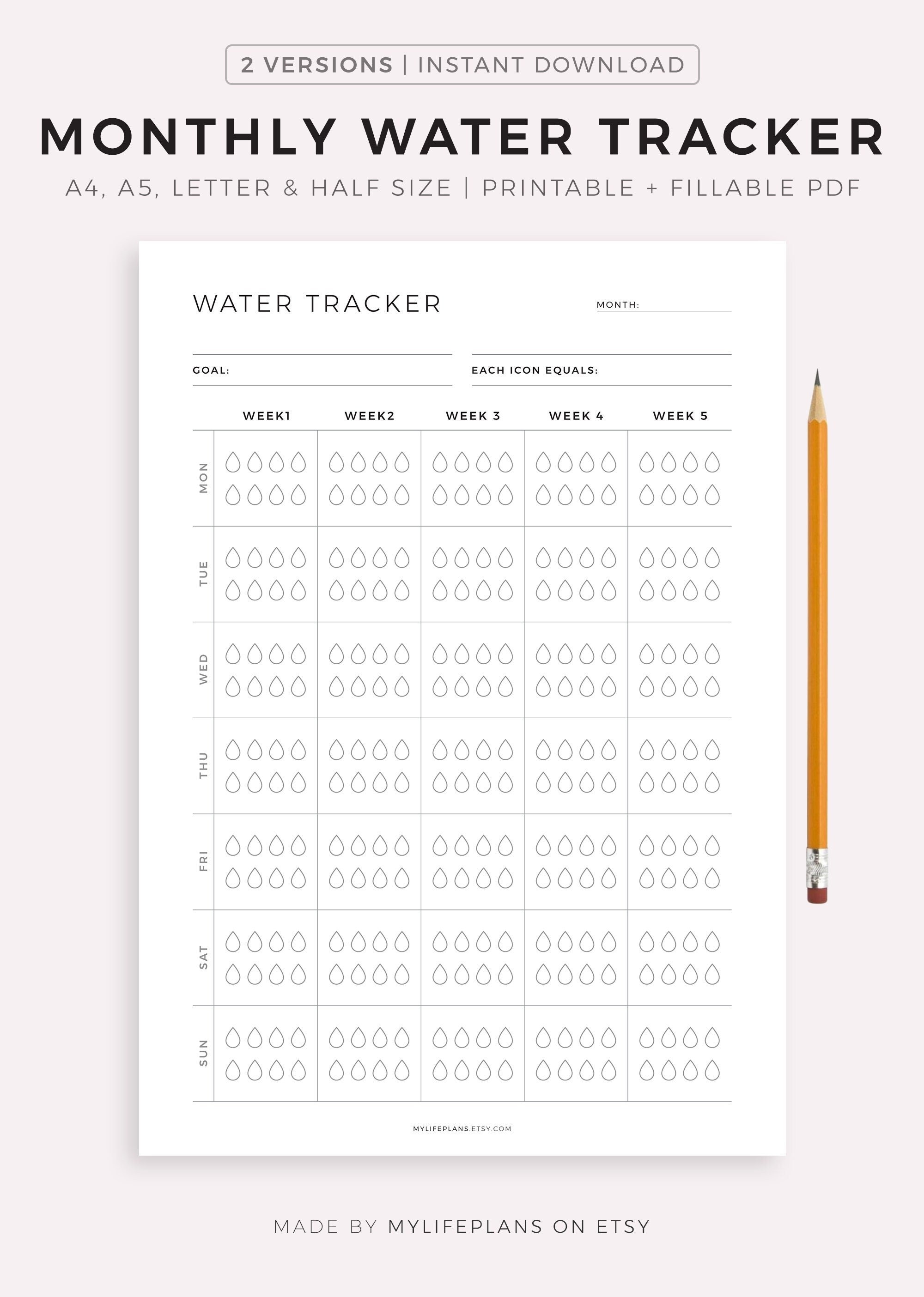 Monthly Water Tracker Printable, Hydration Tracker, Water İntake, Drink Water Reminder, Water Journal, A4/A5/Letter/Half, Instant Download