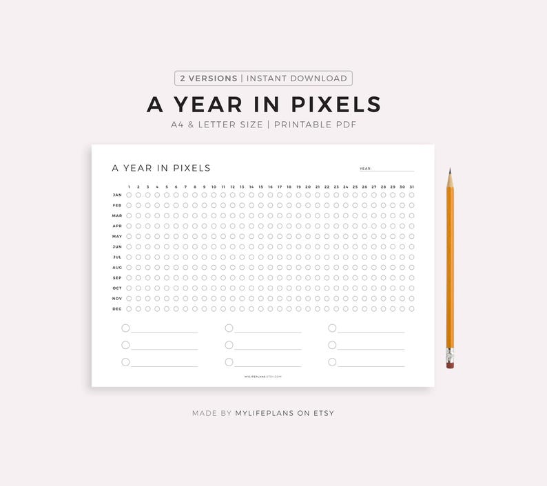 A Year In Pixels Printable Landscape - Mood Tracker, Exercise Tracker, Reading Tracker, Health Tracker, ect.. A4/A5/Letter/Half Size image 1