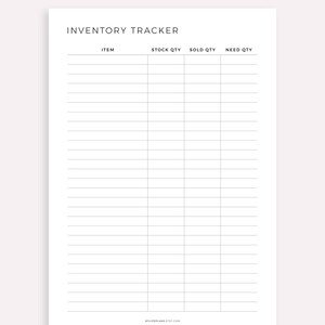 K&ouml;nnte beinhalten: Ein druckbarer Inventar-Tracker mit Spalten f&uuml;r Artikel, Lagerbestand, verkaufte Menge und ben&ouml;tigte Menge. Der Tracker ist f&uuml;r die Verwendung durch kleine Unternehmen oder Einzelpersonen konzipiert, die ihren Lagerbestand verfolgen m&uuml;ssen.