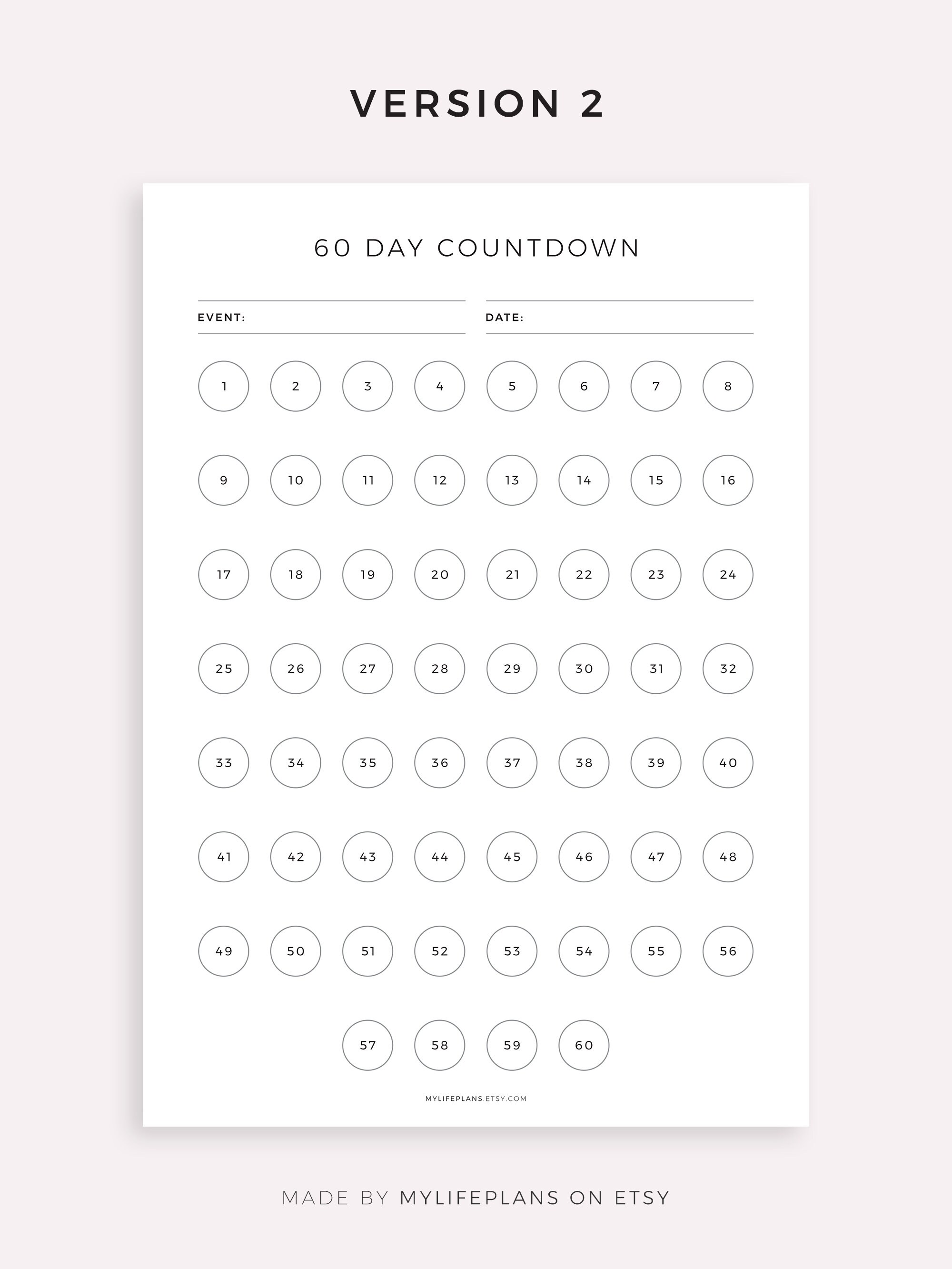 30, 60, 100 Day Countdown Tracker to Vacation, Birthday, Wedding, New Year, Cruise, Retirement, Ect.. A4/a5/letter/half, Instant Download - Etsy