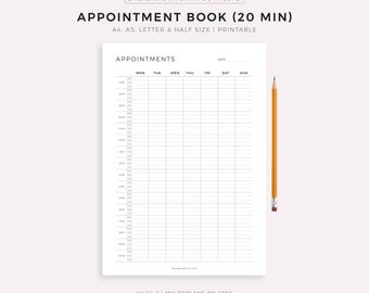 Appointment Book 20 Minute Intervals, Appointment Reminder, Meeting Tracker, Week At a Glance, A4/A5/Letter/Half Size, Instant Download PDF