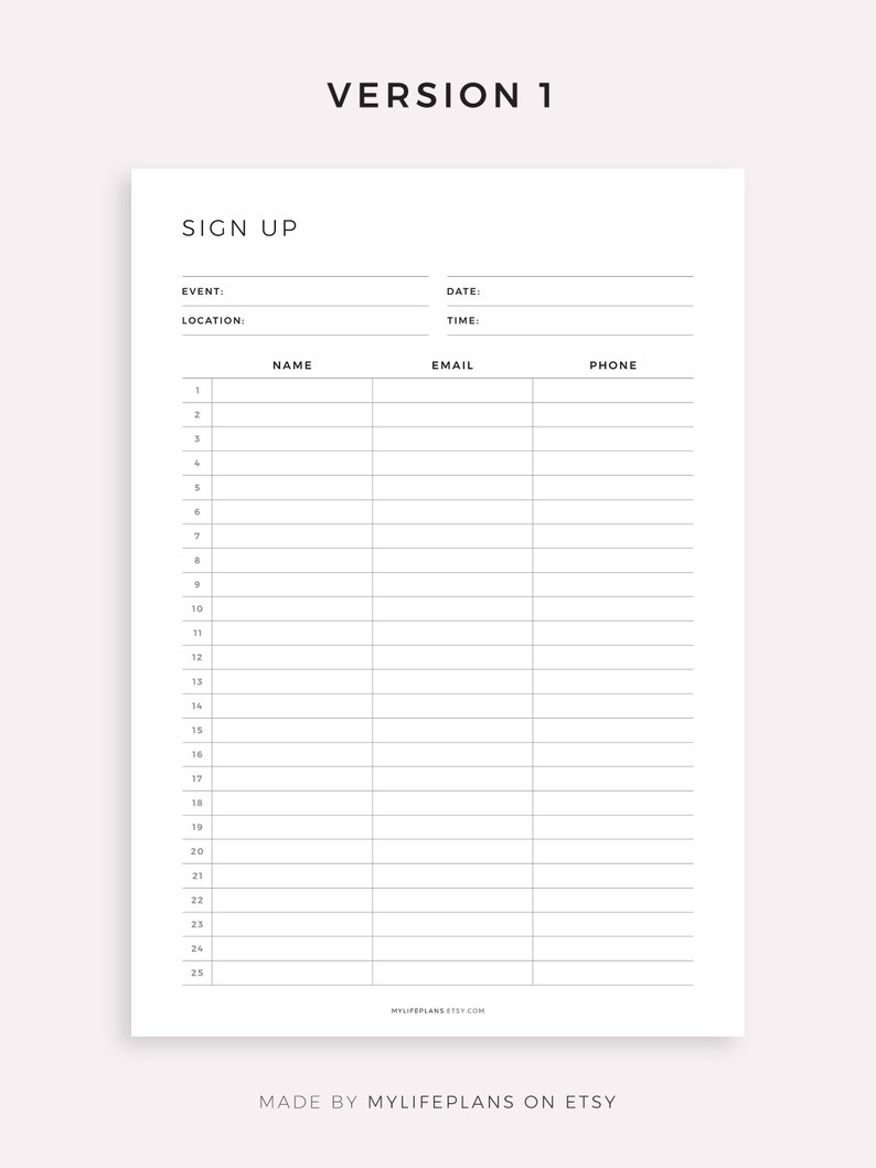 Fillable Sign up Sheet Printable Event Sign Up Customer - Etsy Canada