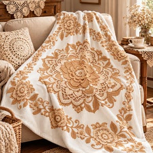 May include: A white throw blanket featuring a large, central tan floral mandala design with intricate crochet-style patterns and trailing vine motifs with smaller flowers extending toward the edges of the fabric.