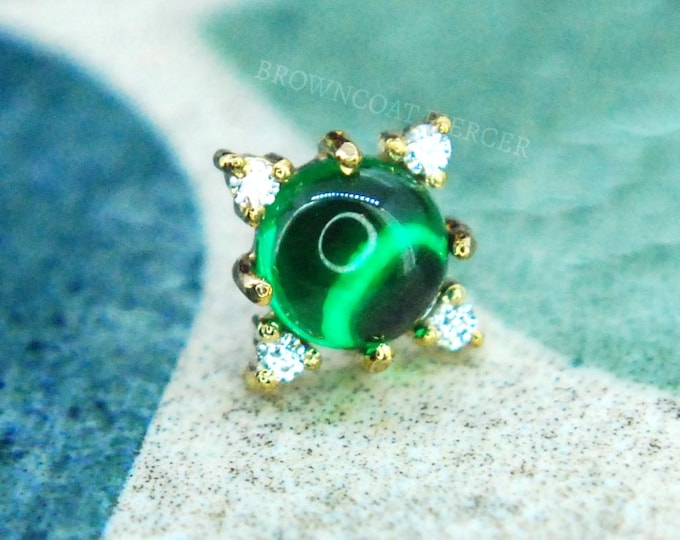 14k Yellow Gold Threadless End - Cabochon Green Agate and CZ -  push Fit attachment