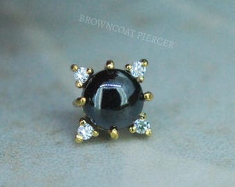 14k Yellow Gold Threadless End - Cabochon Black Agate and CZ -  push Fit attachment
