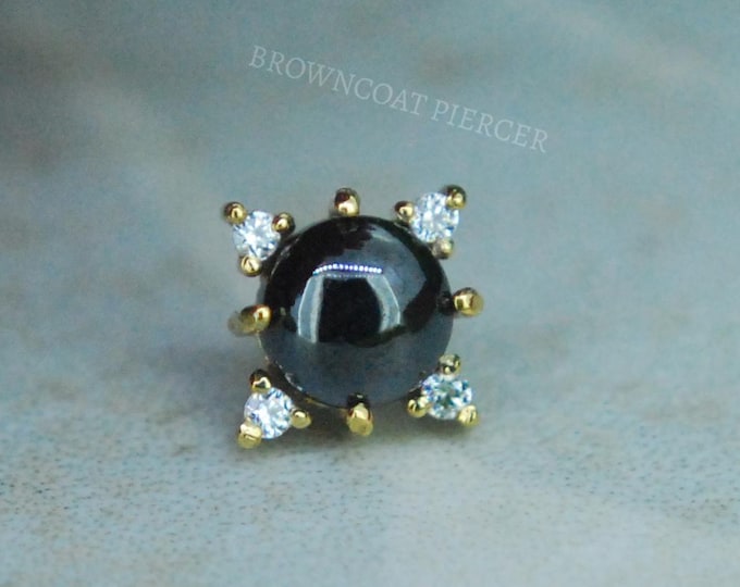 14k Yellow Gold Threadless End - Cabochon Black Agate and CZ -  push Fit attachment