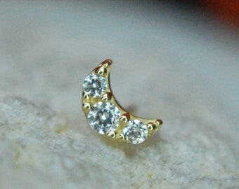14kt Yellow or White Gold Crescent Moon with 3 Gems Threadless Attachment - Push Fit End - Crystal, CZ, Cubic Zirconia