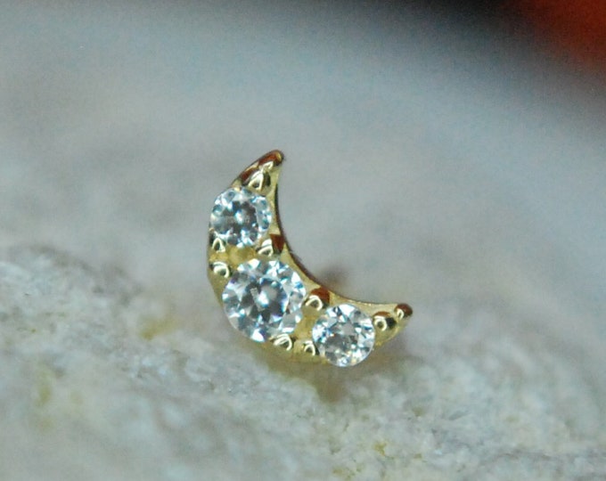 14kt Yellow or White Gold Crescent Moon with 3 Gems Threadless Attachment - Push Fit End - Crystal, CZ, Cubic Zirconia