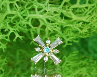 Solid 14k Yellow Gold Enya Threadless End - Crystal & Aqua CZ - Cubic Zirconia