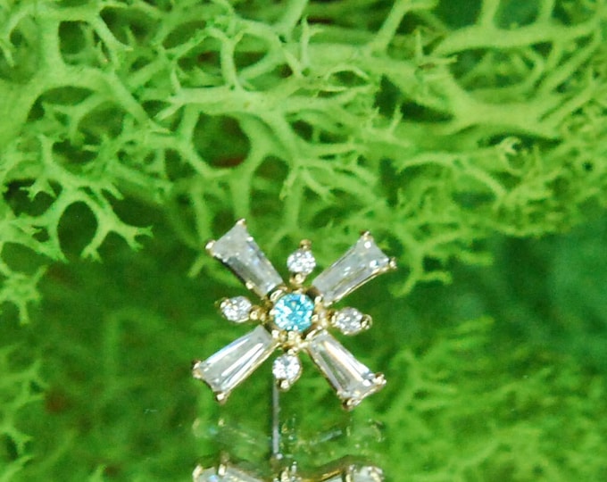 Solid 14k Yellow Gold Enya Threadless End - Crystal & Aqua CZ - Cubic Zirconia