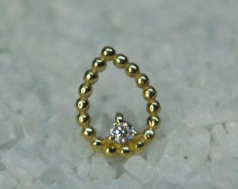 Solid 14k Gold Beaded Teardrop with CZ crystal Threadless End - push fit - cubic zirconia