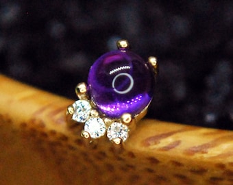 Solid 14k Yellow Gold Cabochon Trinity Threadless End - Push fit, Pin, CZ and Amethyst