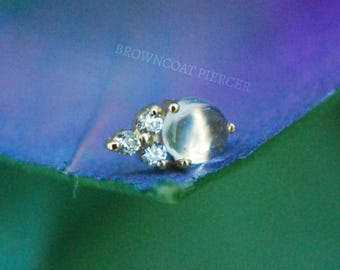 14k Yellow Gold Threadless Midsummer - Rainbow Moonstone & CZ End - Cubic Zirconia Crystal