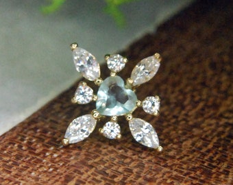 Solid 14k Yellow Gold Aura Threadless End - Crystal & Aqua CZ - Cubic Zirconia