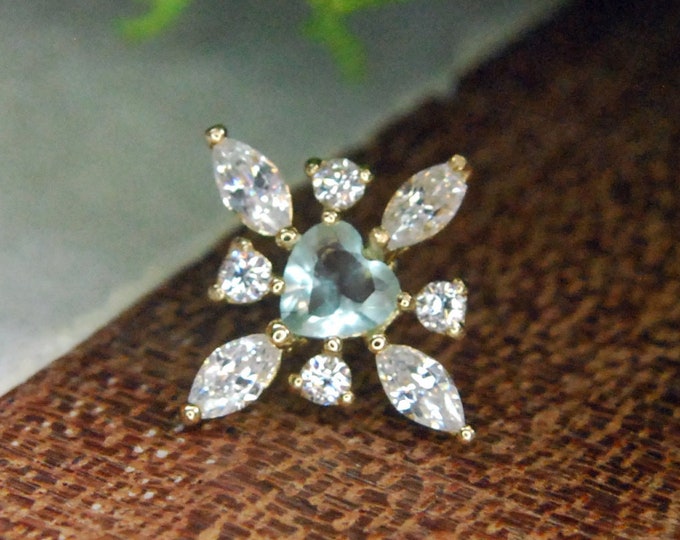 Solid 14k Yellow Gold Aura Threadless End - Crystal & Aqua CZ - Cubic Zirconia