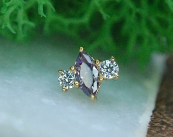 14kt Yellow Gold Amethyst Marquise & Double Round CZ Gem - Internally threaded or Threadless