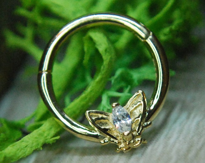 Tish Lyon 14kt Yellow Gold Moth Ring -  Hinged Clicker / Segment Ring 1.2mm / 16ga - Cubic Zirconia CZ