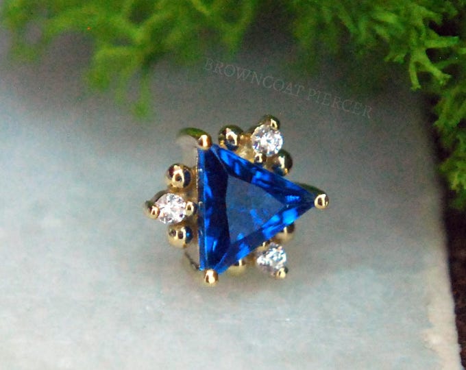 Solid 14k Yellow Gold Enlee Threadless End, Crystal & Blue CZ gem - JUNIPURR - Cubic Zirconia