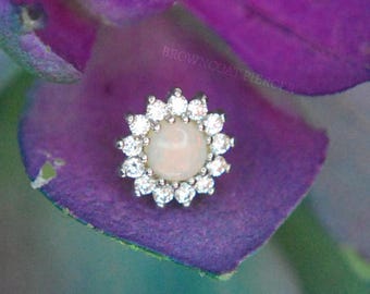 Solid 14k White Gold 'Delphine'  -  White Opal and CZ - Threadless End