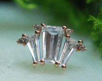 JUNIPURR Solid 14k Rose Gold Brook CZ Threadless End - Cubic Zirconia, Baguette