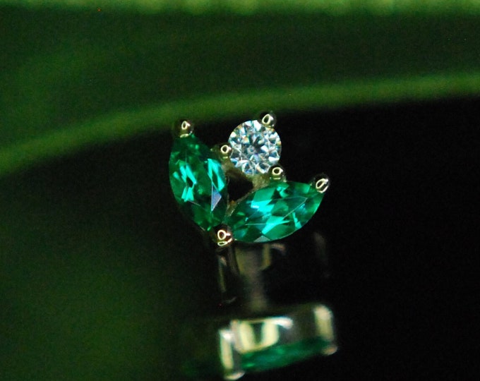 BVLA - 14k Yellow Gold 4mm "Bloom"  Internally Threaded attachment -  Cubic Zirconia & Lab Created Emerald - CZ - 1.2mm / 16ga