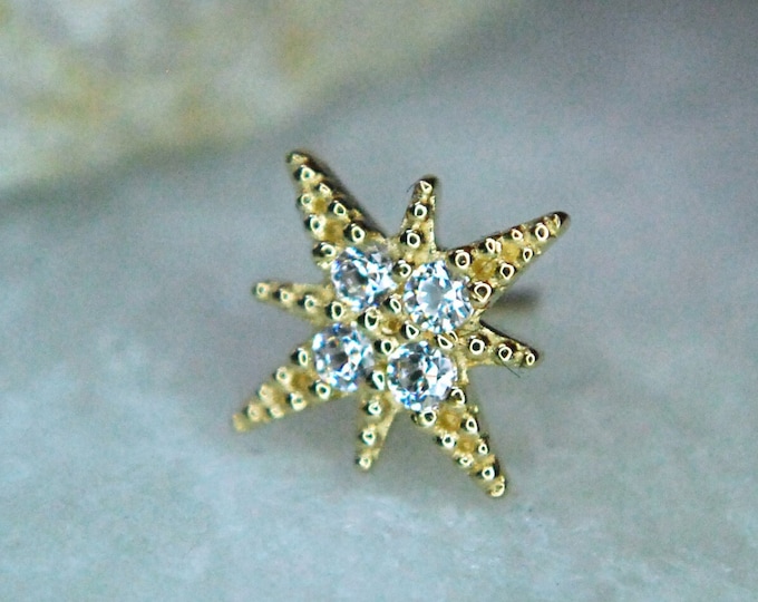 14kt Yellow Gold North Star with 4 Gems Threadless Attachment - Push Fit End - Crystal, CZ, Cubic Zirconia