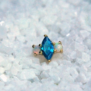 Tish Lyon 14kt Yellow Gold Blue Zircon Topaz  Marquise & Double Round Opal Attachment - Internally threaded or Threadless