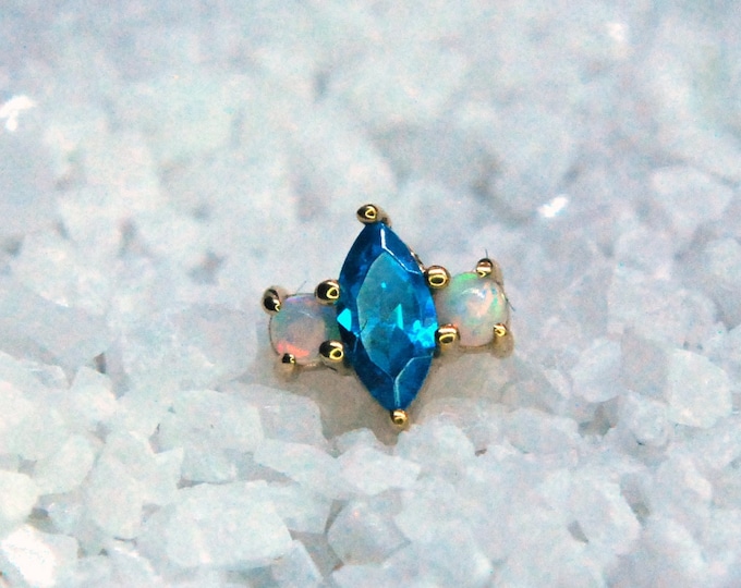 Tish Lyon 14kt Yellow Gold Blue Zircon Topaz  Marquise & Double Round Opal Attachment - Internally threaded or Threadless