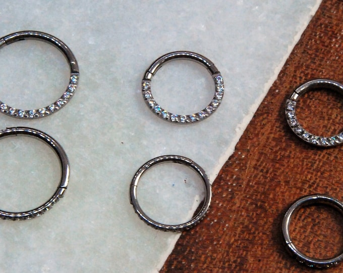 Titanium Full Pavé Gemmed Hinged / Clicker Rings / Segment - Crystal CZ - Multiple Sizes - Hoop, Septum, Daith, Nostril, Helix, Earlobe etc