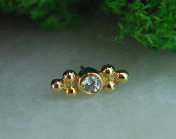 14k Solid Yellow Gold Bezel Set Double Tri-Bead with CZ Threadless End