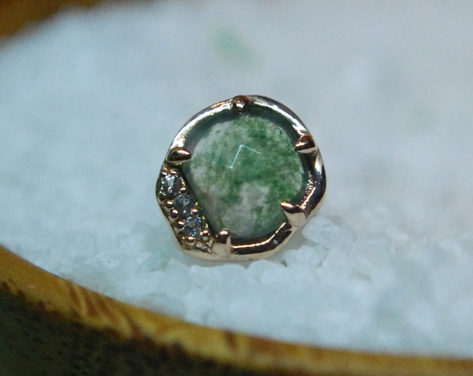 Solid 14k Rose Gold Vision - Moss agate and White Topaz Threadless End - Triple, Push Fit