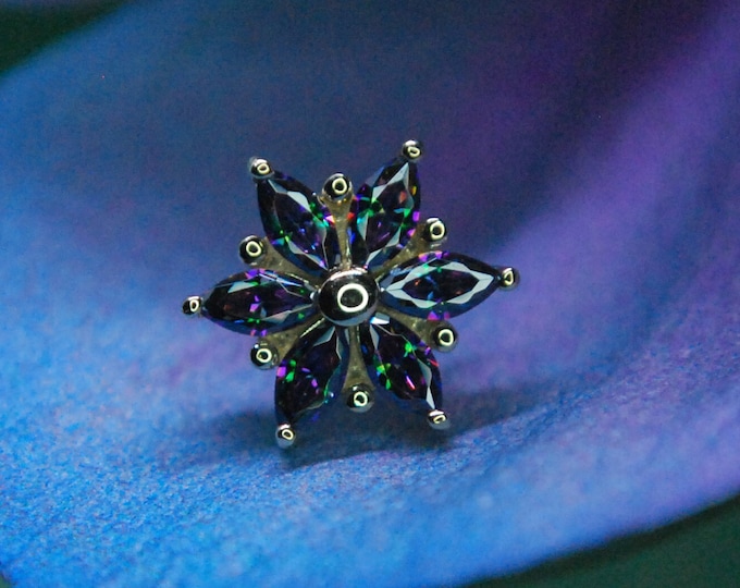 JUNIPURR Solid 14k Yellow Gold Mystic  Elegance End with Mystic Topaz gem  - Flower Attachment - Iridescent