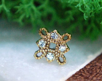 14kt Yellow Quad Gemmed End - Threadless Attachment - Cubic Zirconia, CZ, Crystal, petals, pattern, twist