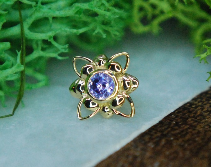 JUNIPURR Solid 14k Yellow Gold 'DRUSILA' Threadless End -  Violet Purple Cubic Zirconia, push fit, attachment, CZ